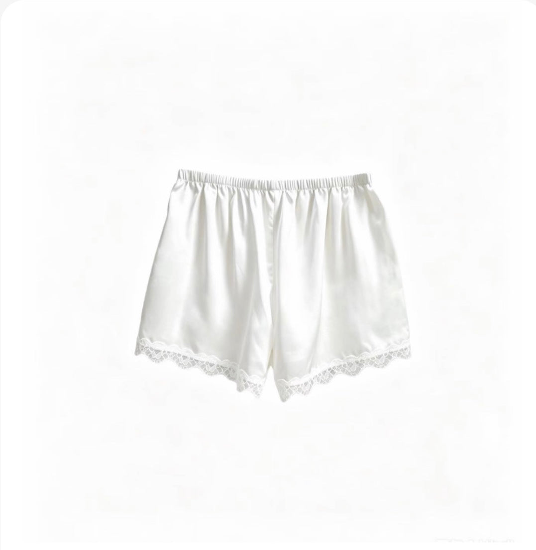 Ivory washable silk shorts with lace-trim hem