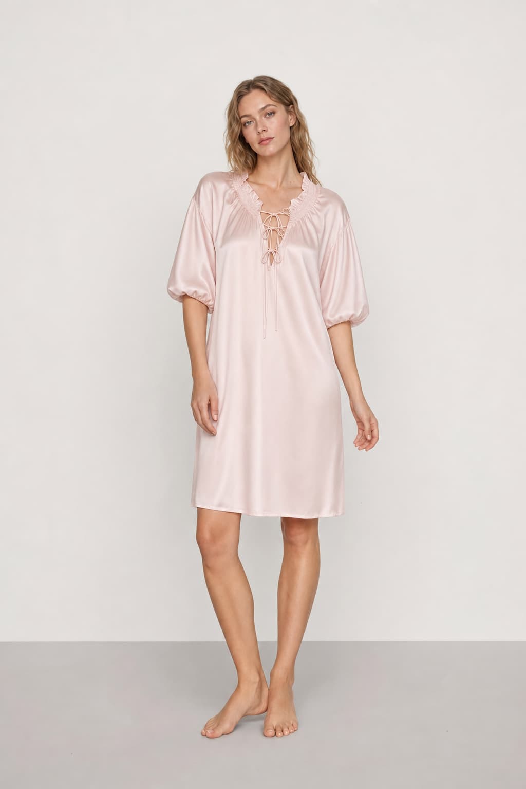 Washable Silk Tie-Neck Midi Sleep Dress