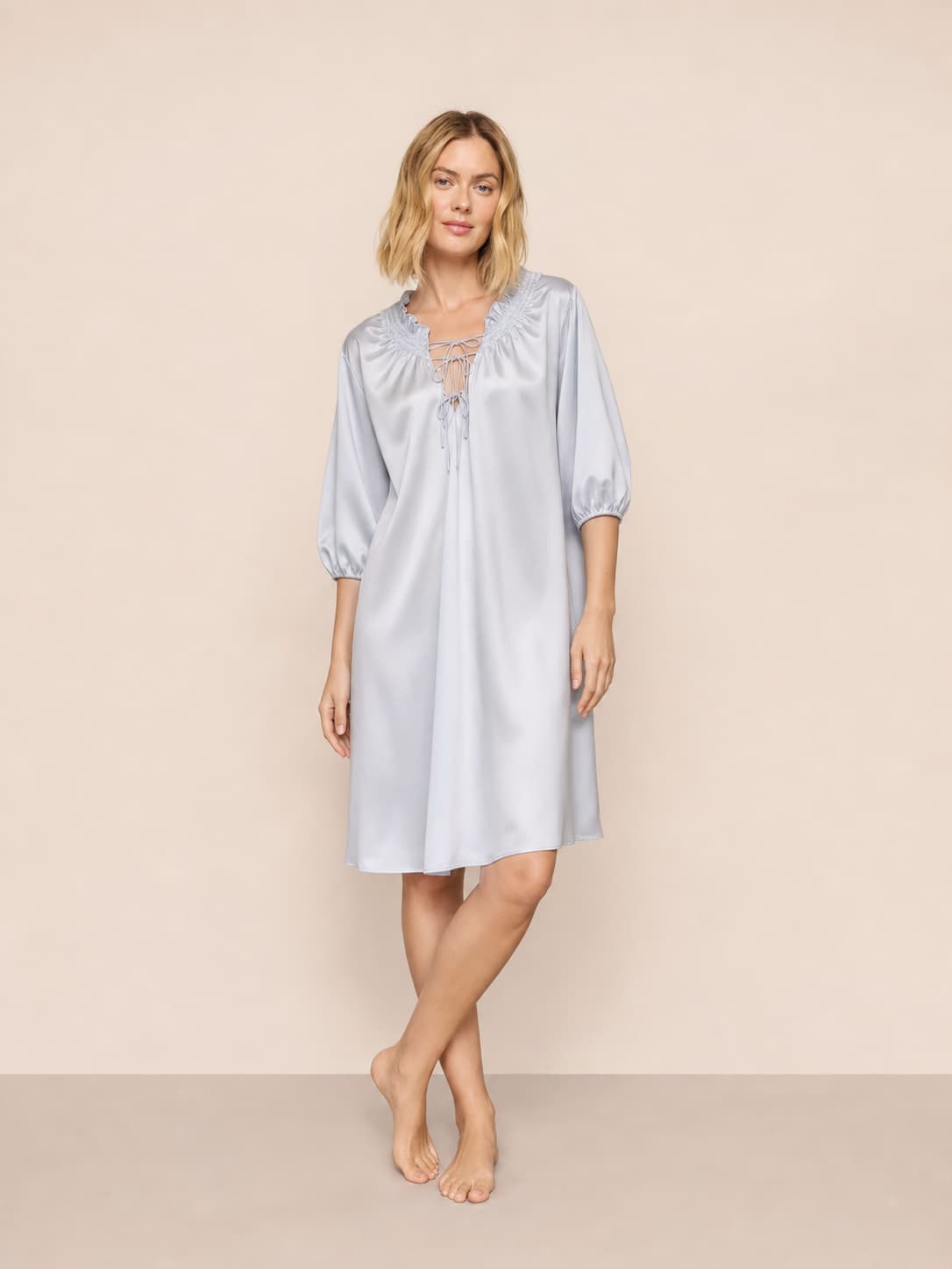 Washable Silk Tie-Neck Midi Sleep Dress