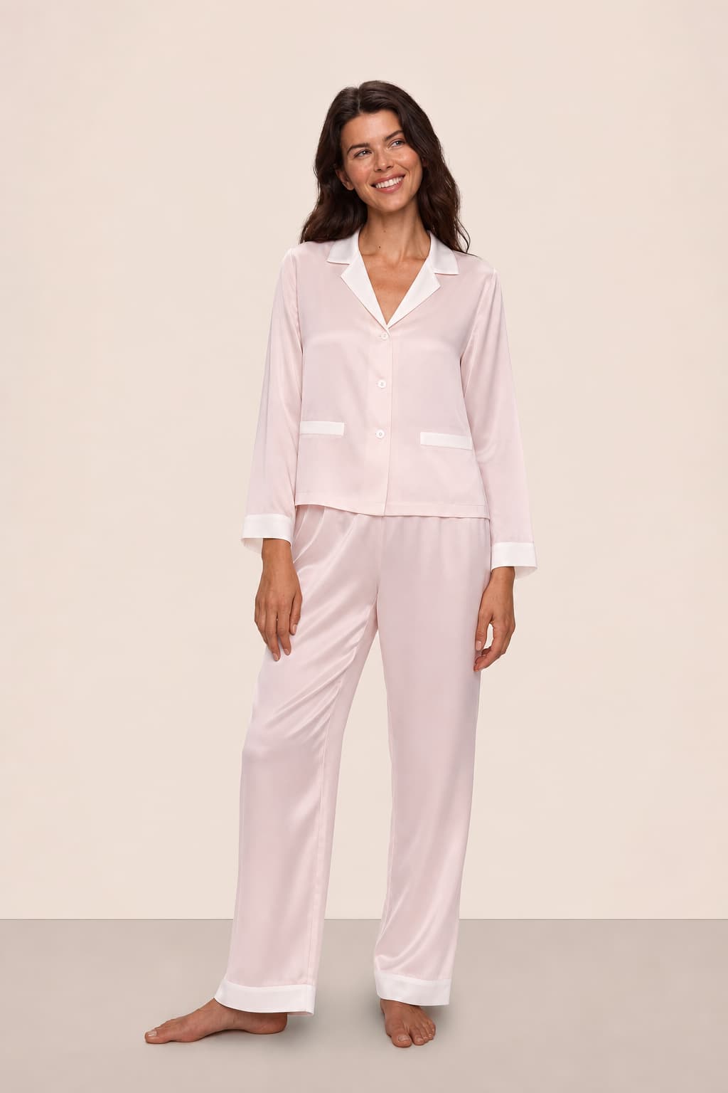 Washable Silk Contrast Trim Long Sleeve Pajama Set