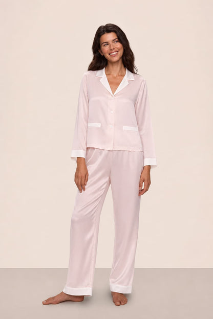Washable Silk Contrast Trim Long Sleeve Pajama Set