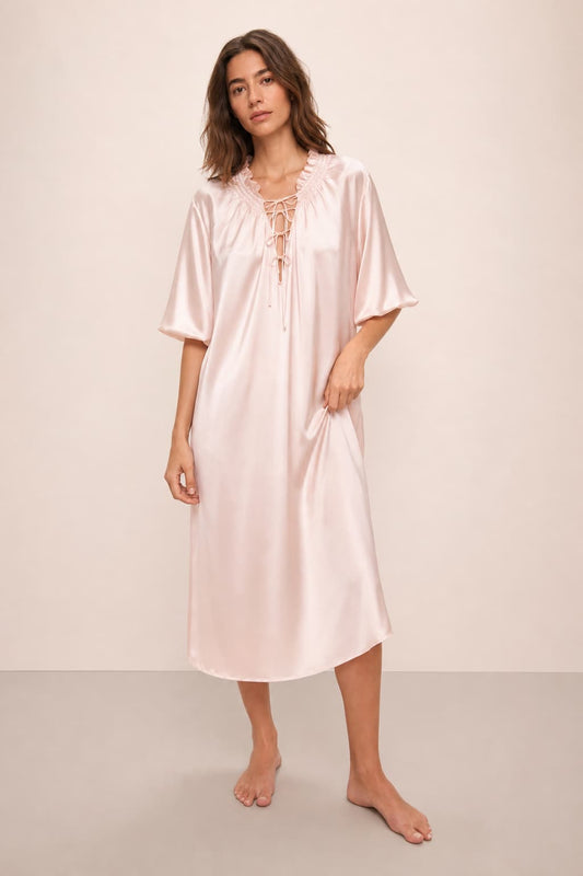 Washable Silk Tie-Neck Midi Sleep Dress