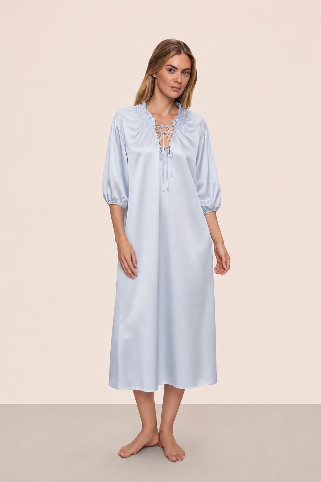 Washable Silk Tie-Neck Midi Sleep Dress