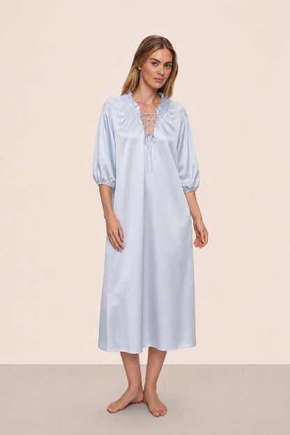 Washable Silk Tie-Neck Midi Sleep Dress