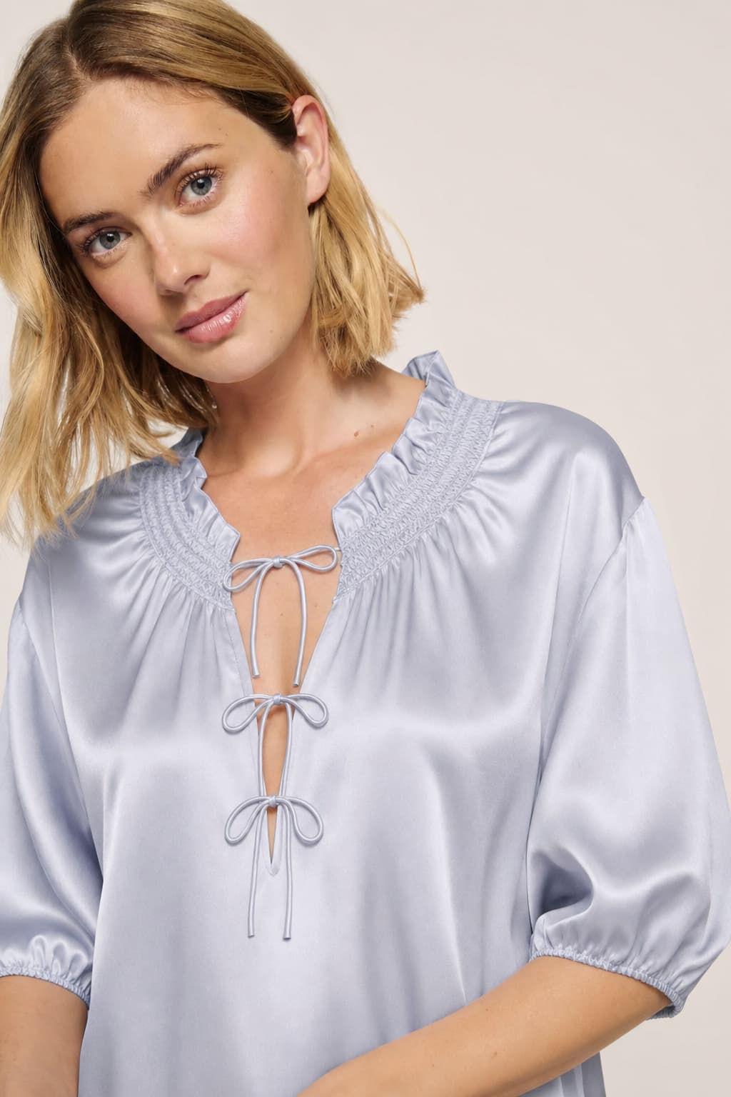 Washable Silk Tie-Neck Midi Sleep Dress