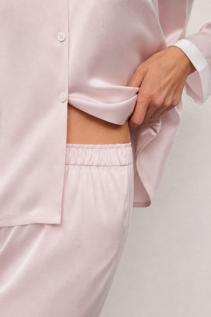 Washable Silk Contrast Trim Long Sleeve Pajama Set