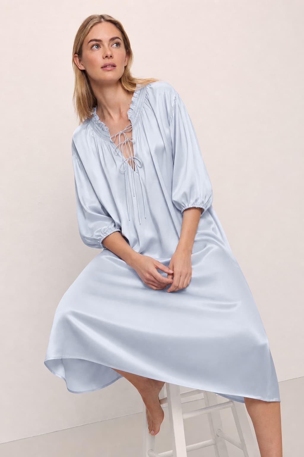 Washable Silk Tie-Neck Midi Sleep Dress