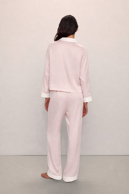 Washable Silk Contrast Trim Long Sleeve Pajama Set