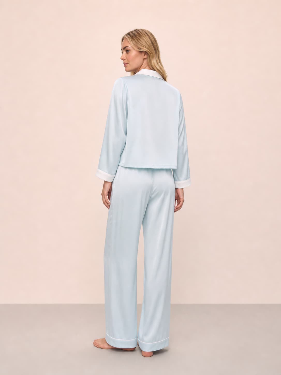 Washable Silk Contrast Trim Long Sleeve Pajama Set