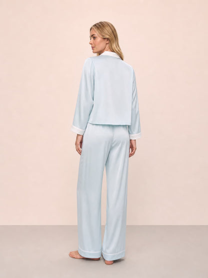 Washable Silk Contrast Trim Long Sleeve Pajama Set