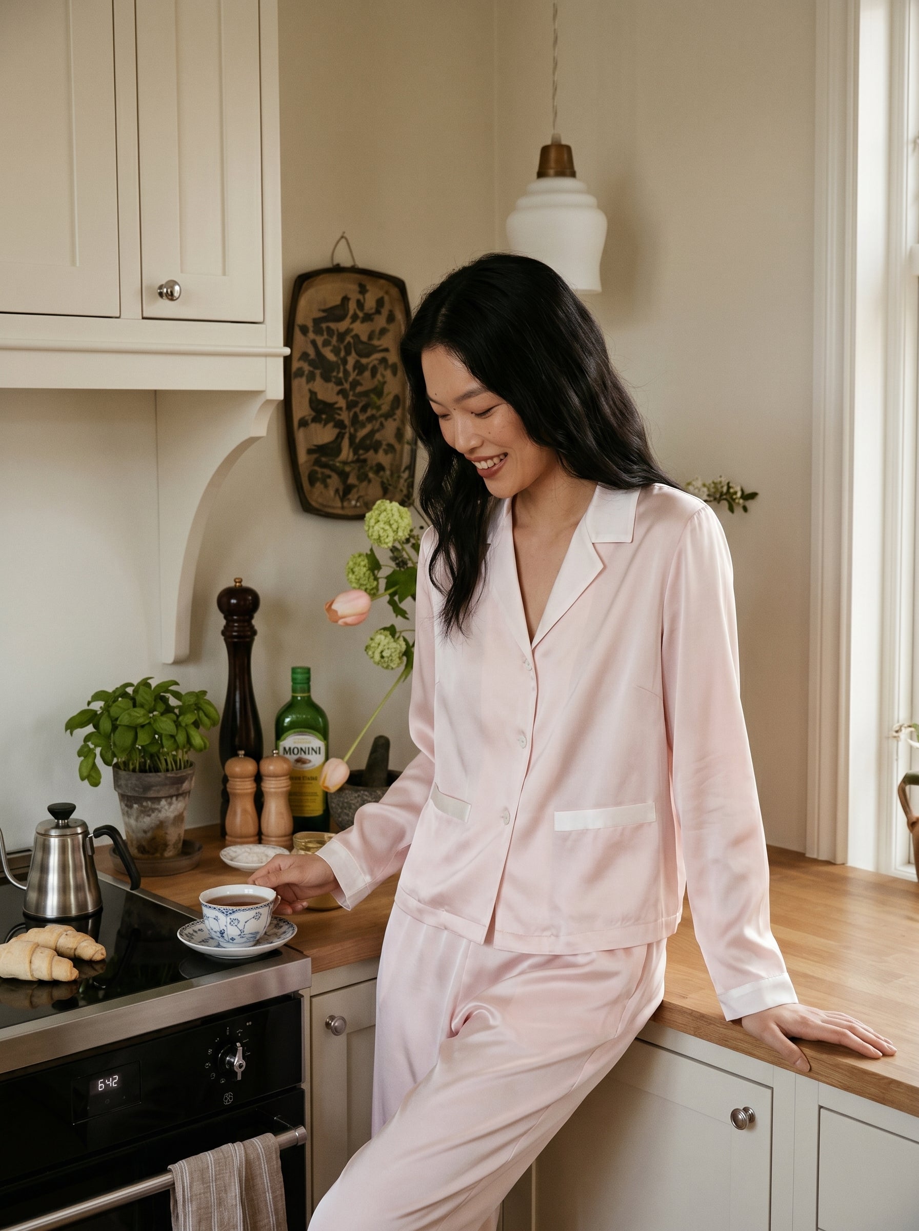 Kitchen — silk sleepwear with coffee