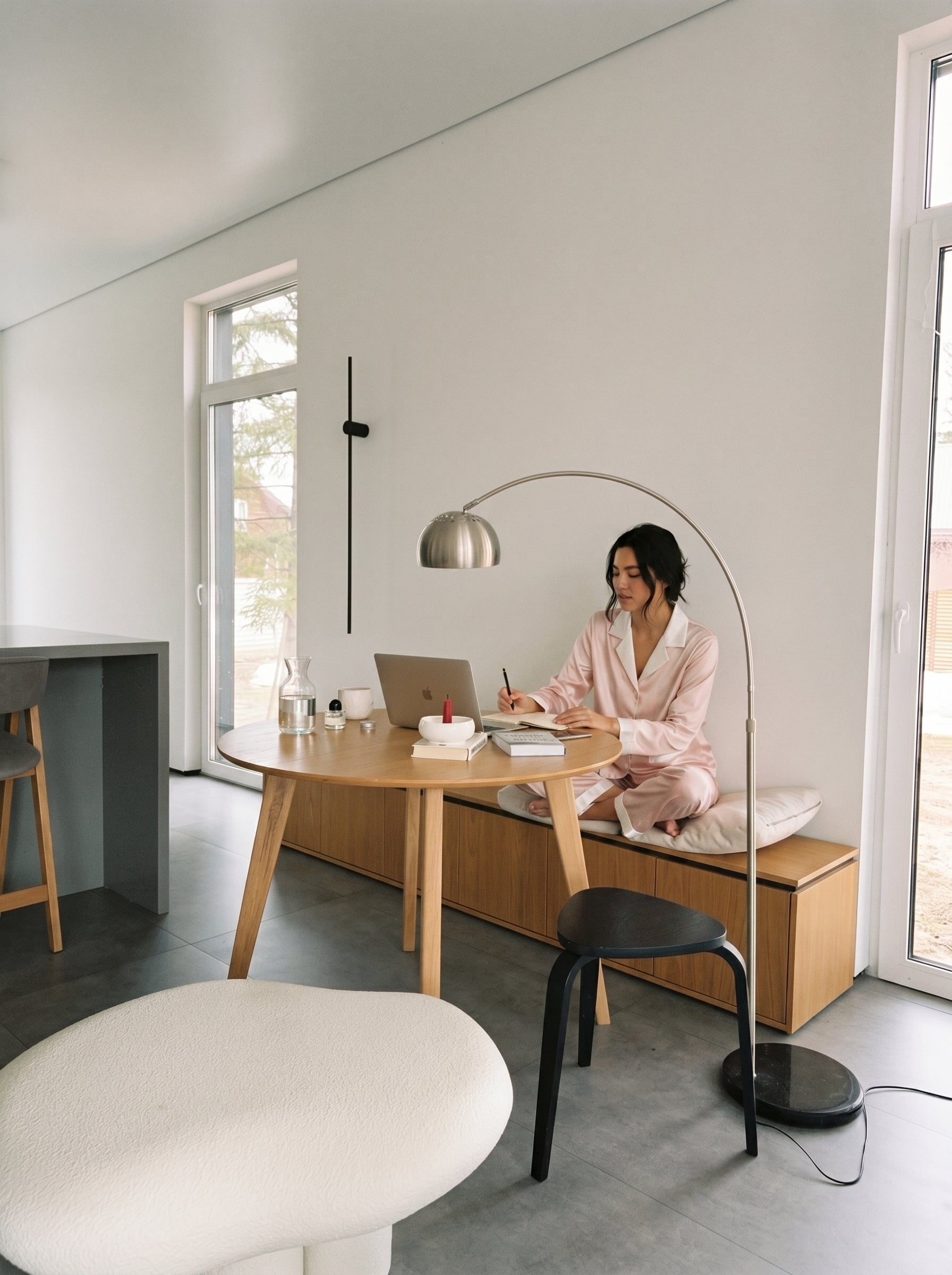 Home office — silk sleepwear at desk