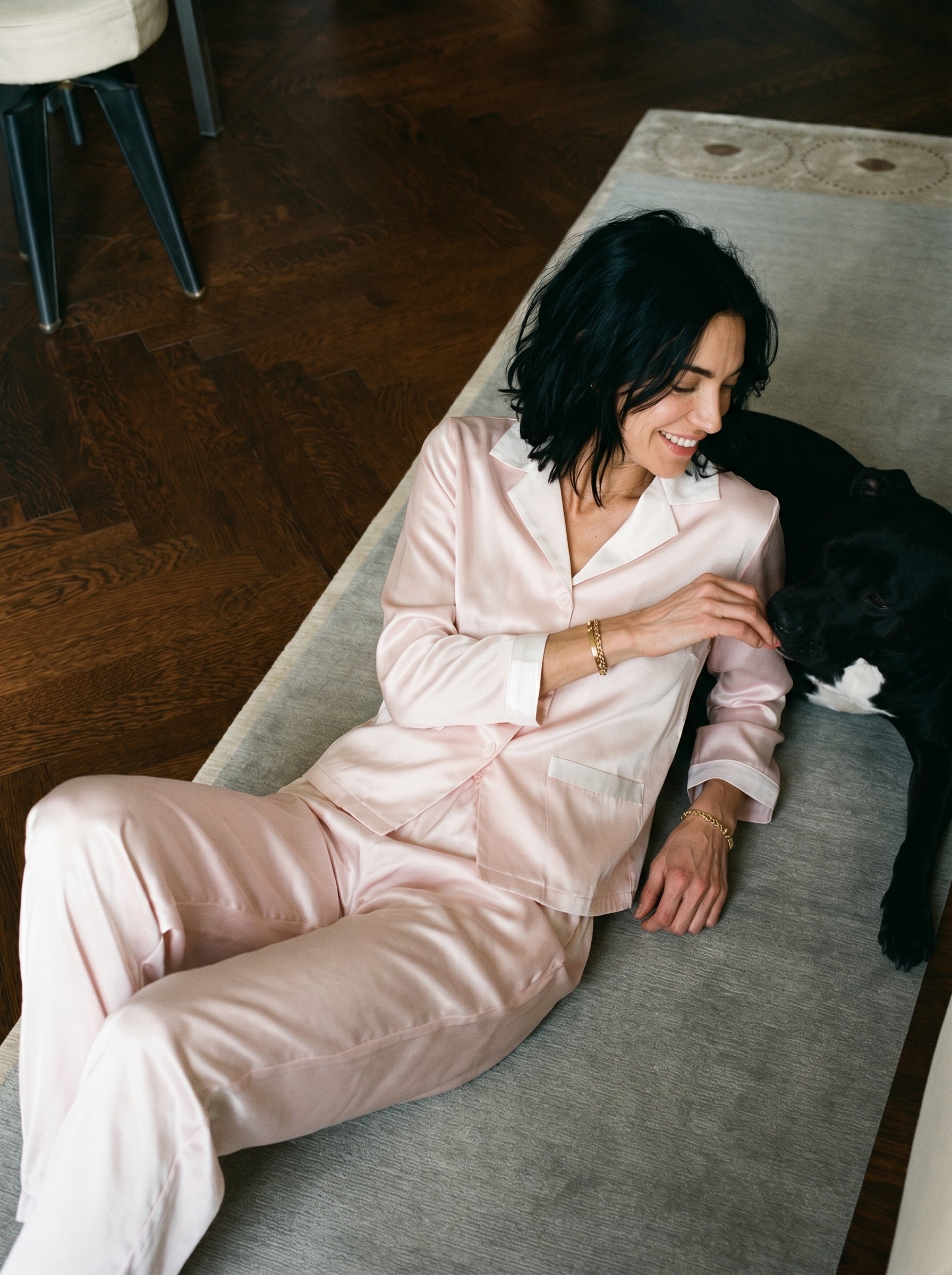 Still in it — silk sleepwear with dog