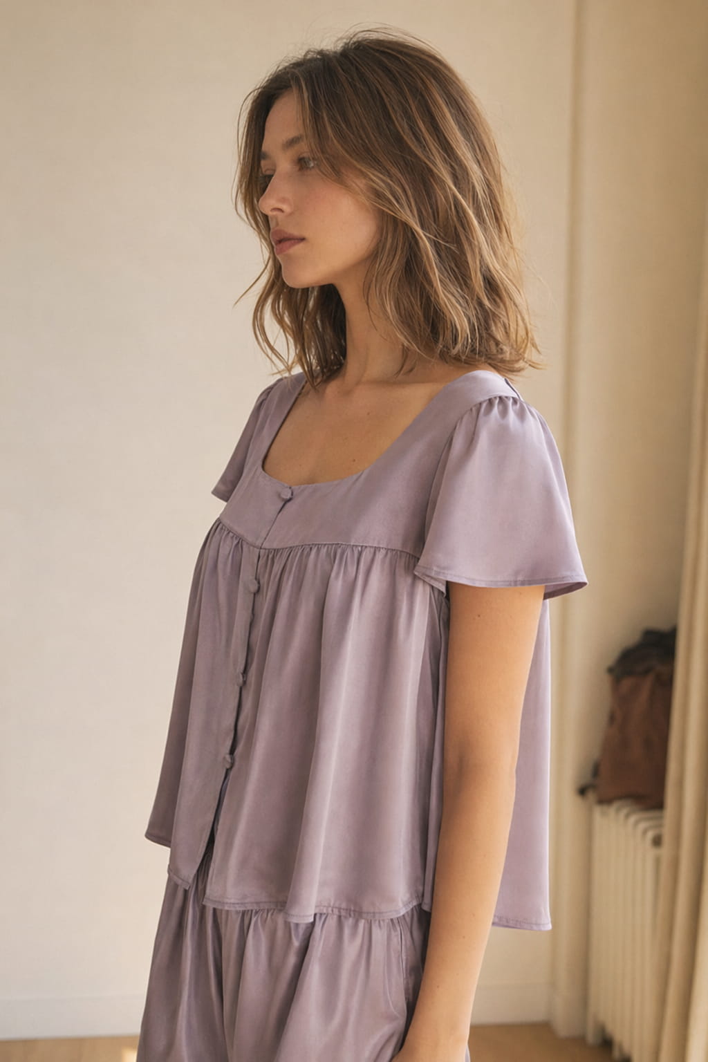 Washable Silk Square Neck Flutter Sleeve Pajama Set