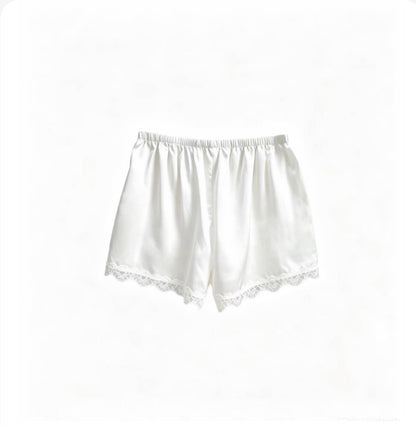 Ivory washable silk shorts with lace-trim hem