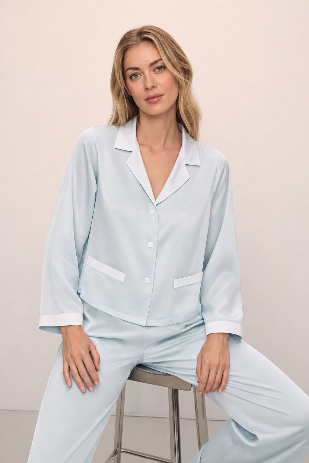 Washable Silk Contrast Trim Long Sleeve Pajama Set